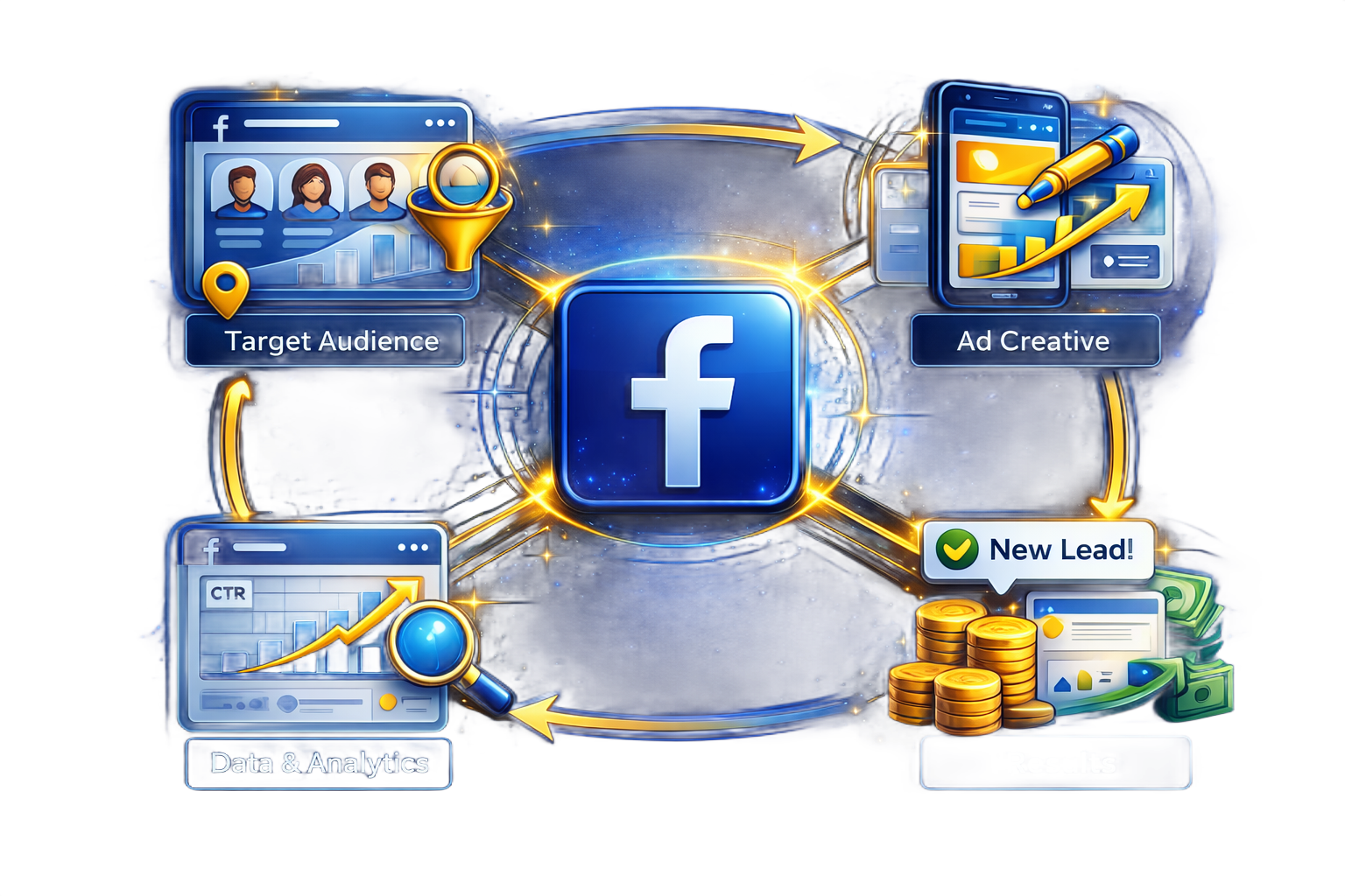 Facebook marketing graphic with ads, leads, and analytics icons around a central Facebook logo
