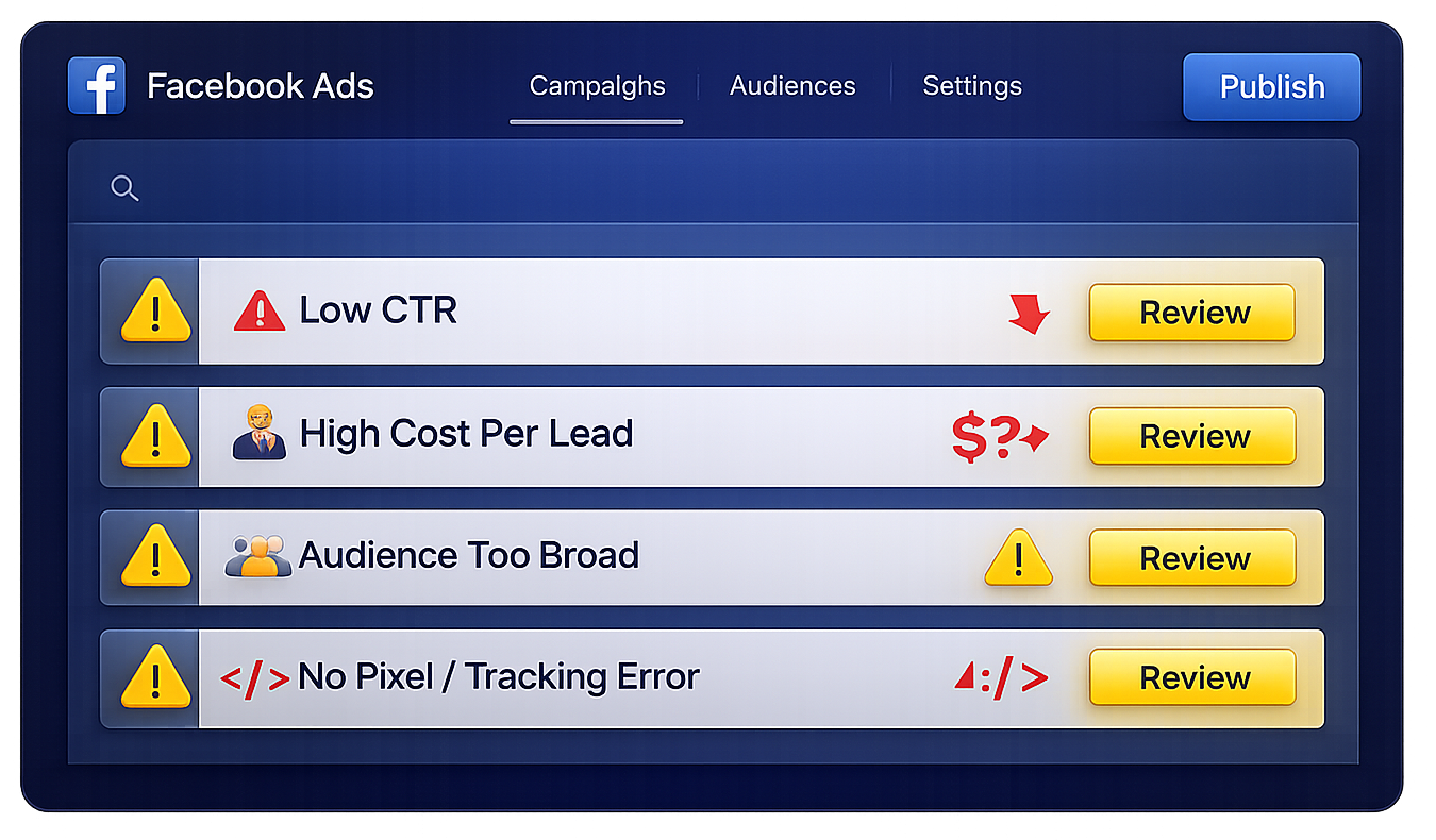 Facebook Ads dashboard showing four warnings: low CTR, high cost per lead, audience too broad, and no pixel/tracking error.