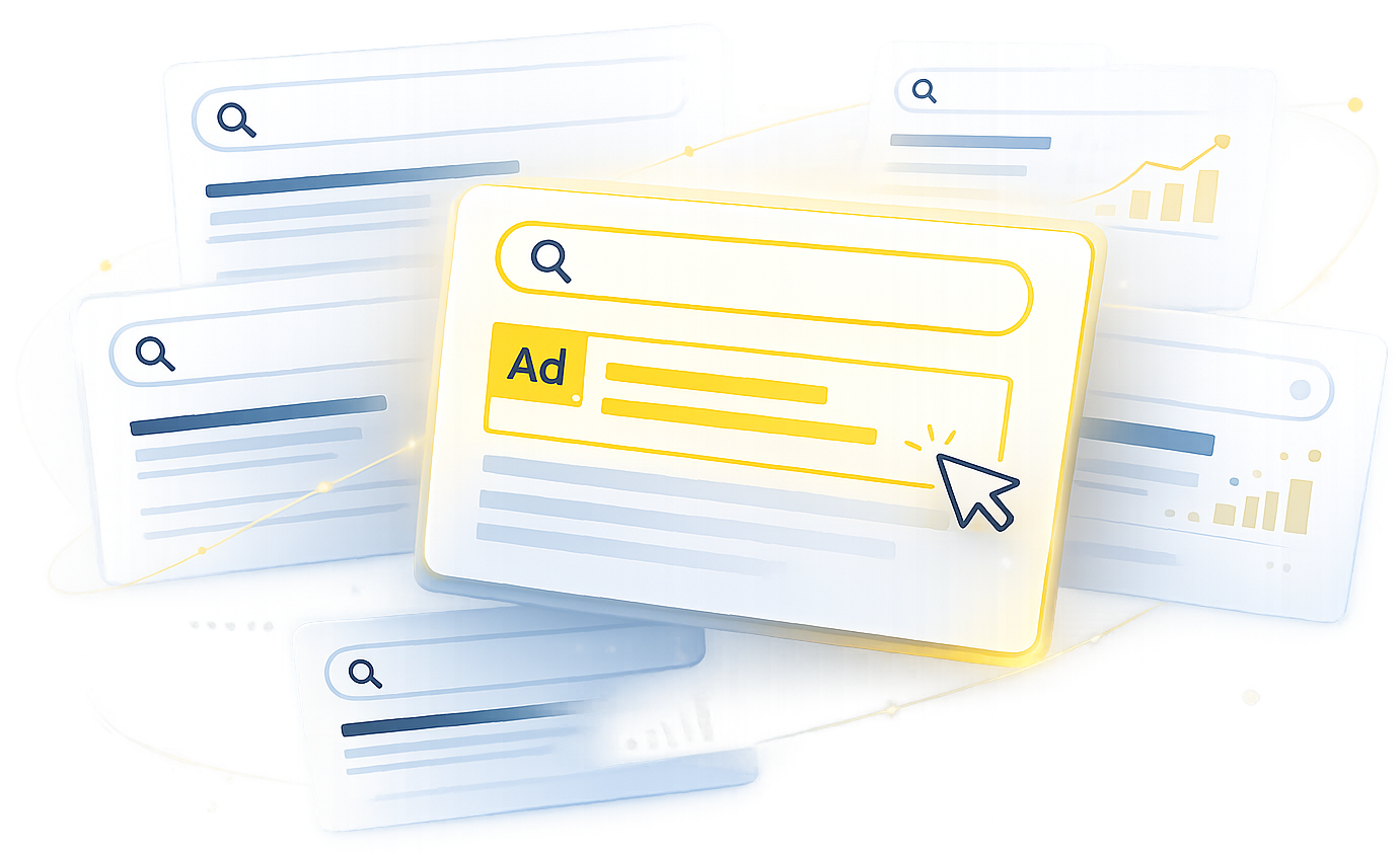 Search results with a highlighted yellow ad card and cursor over overlapping web-style panels
