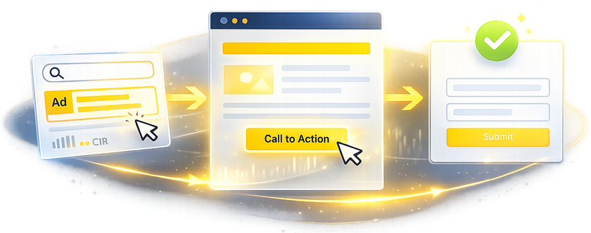 Three-step online form flow with yellow highlights and a green checkmark confirming success