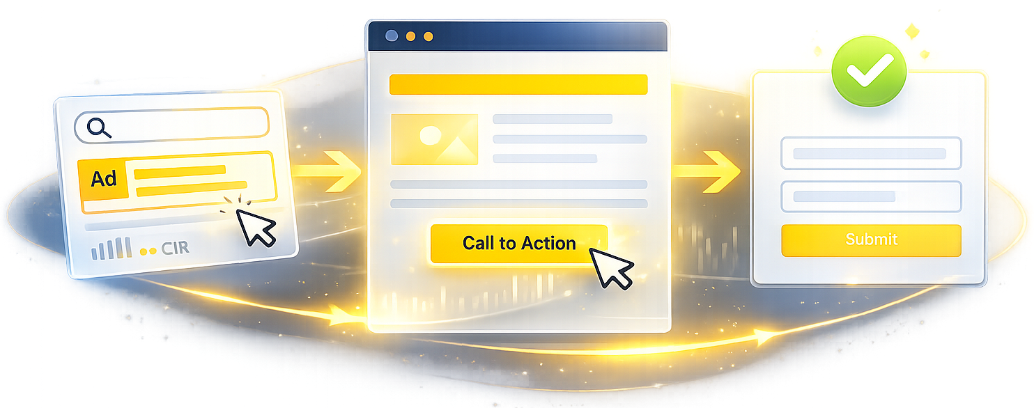 Three-step web form flow with yellow highlights, cursor clicks, and a green checkmark confirmation