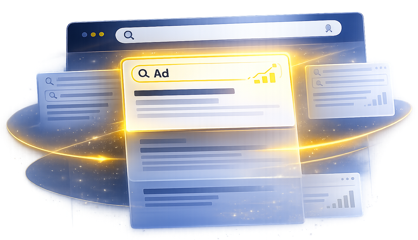 Stylized browser search screen with glowing ad card and blue document panels