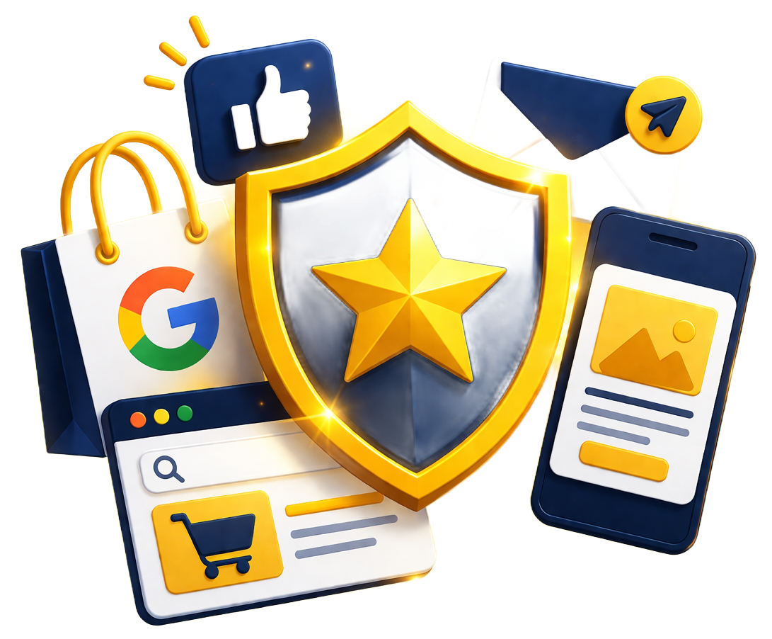 Digital shopping security illustration with shield, star, Google, phone, browser, and social icons