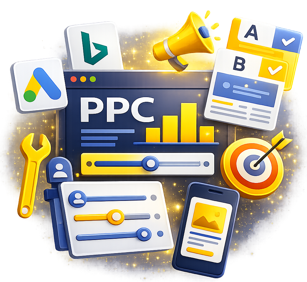 PPC marketing dashboard with charts, ad icons, target, megaphone, and mobile phone in blue and yellow