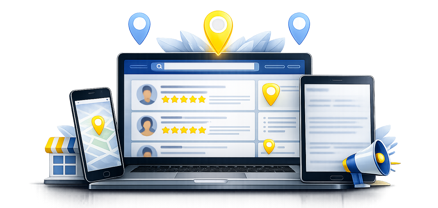 Laptop and phone showing customer reviews, with location pins and a tablet nearby