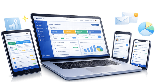Business dashboard on laptop, tablet, and phones with charts and graphs on a clean white background