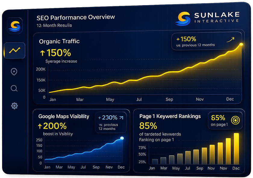 Dark blue SEO dashboard showing rising charts for organic traffic, site visibility, and keyword rankings
