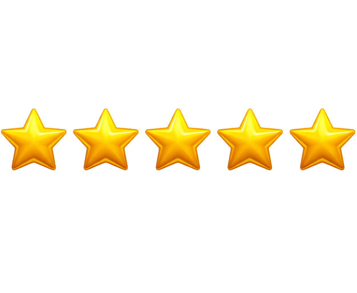 Five gold star rating icons in a row on a white background