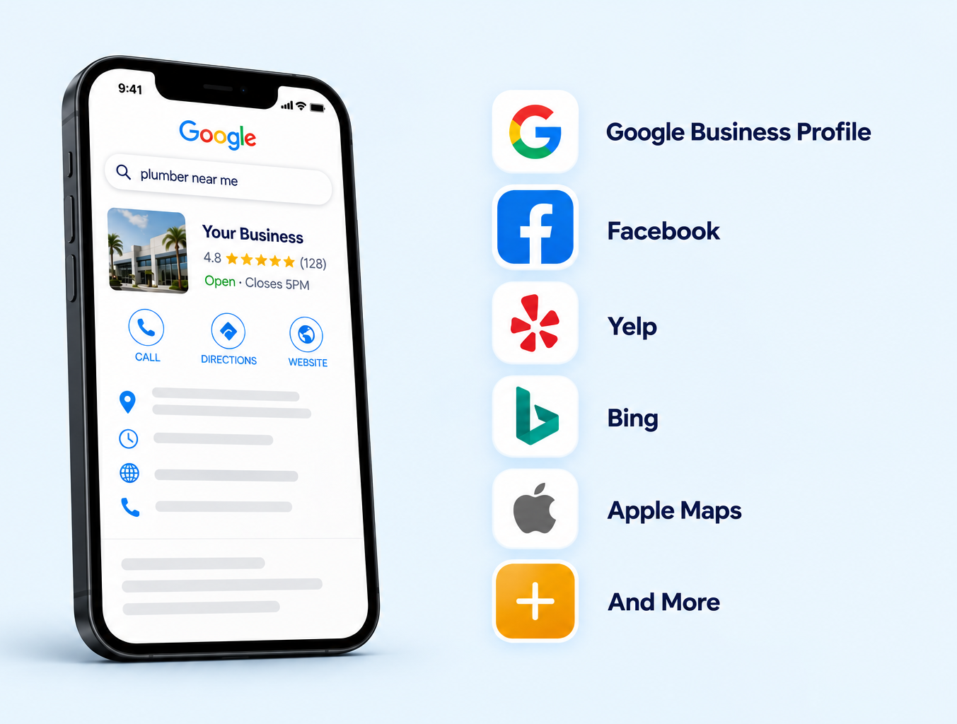 Smartphone showing Google Business Profile next to icons for Google, Facebook, Yelp, Bing, Apple Maps, and more