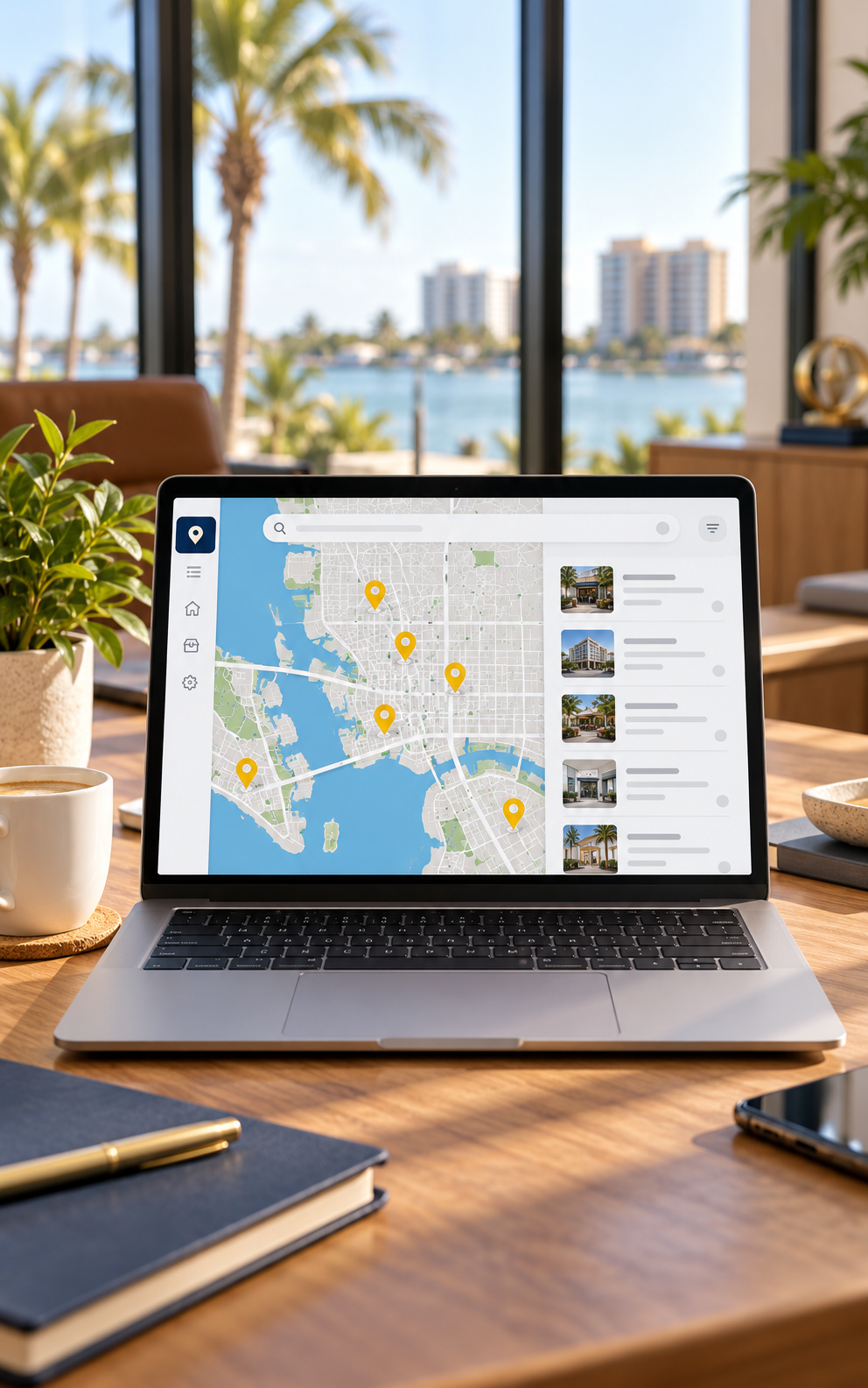 Laptop showing a map and travel listings on a cafe table by a sunny waterfront window.