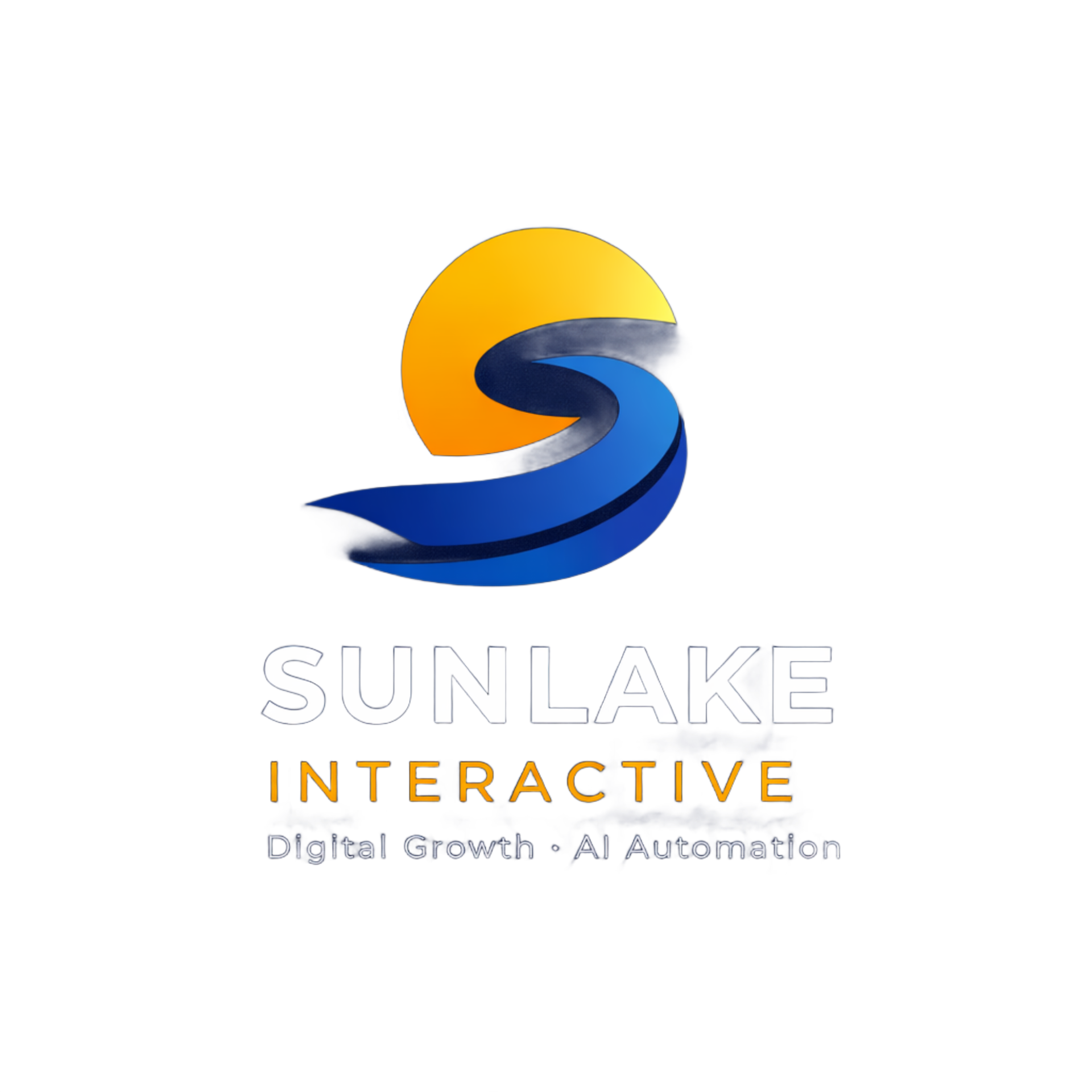 Sunlake Interactive logo with yellow-blue sun and wave on dark blue background, “Digital Growth • AI Automation” text
