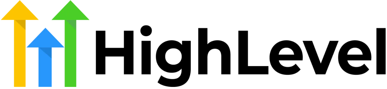 HighLevel logo with black text and three upward arrows in yellow, blue, and green