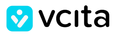 Vcita logo with a turquoise rounded square icon and black wordmark on white background