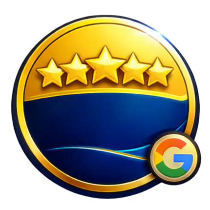 Gold and blue badge with five stars and a small Google logo badge in the lower right