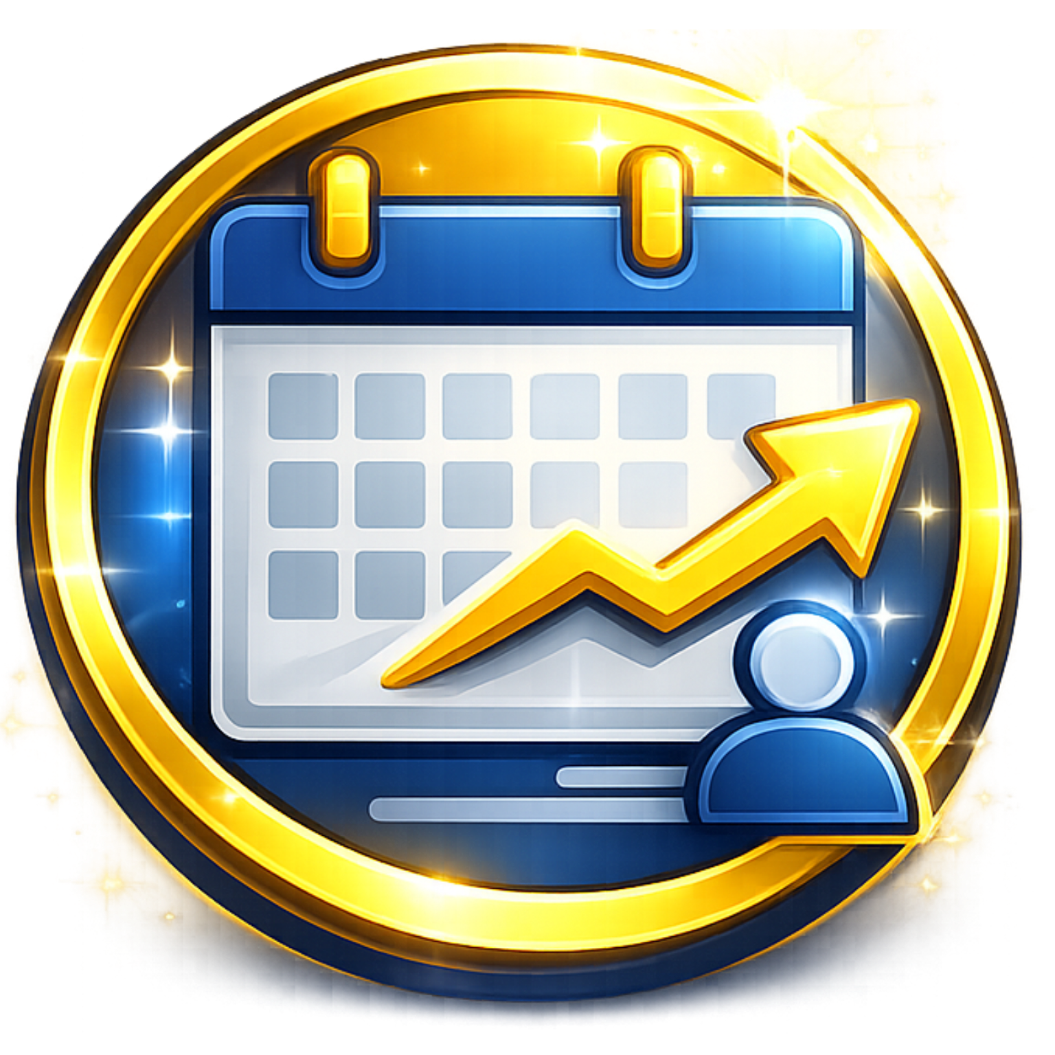 Blue calendar icon with rising yellow graph arrow and user silhouette on a gold coin background