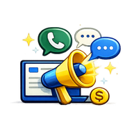 Digital marketing megaphone with chat bubbles, WhatsApp icon, and coin over a webpage
