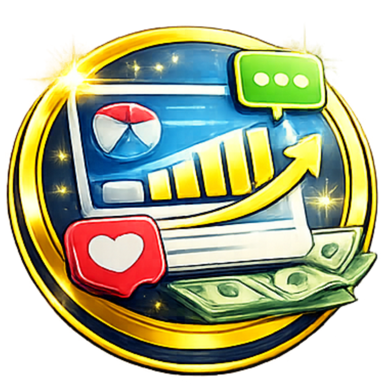 Gold coin with app analytics chart, chat bubbles, heart icon, and dollar bills on a blue background