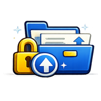 Blue secure folder with upload arrow and yellow padlock icon