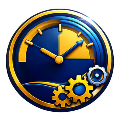 Blue and gold clock with gears, suggesting time management or mechanics icon
