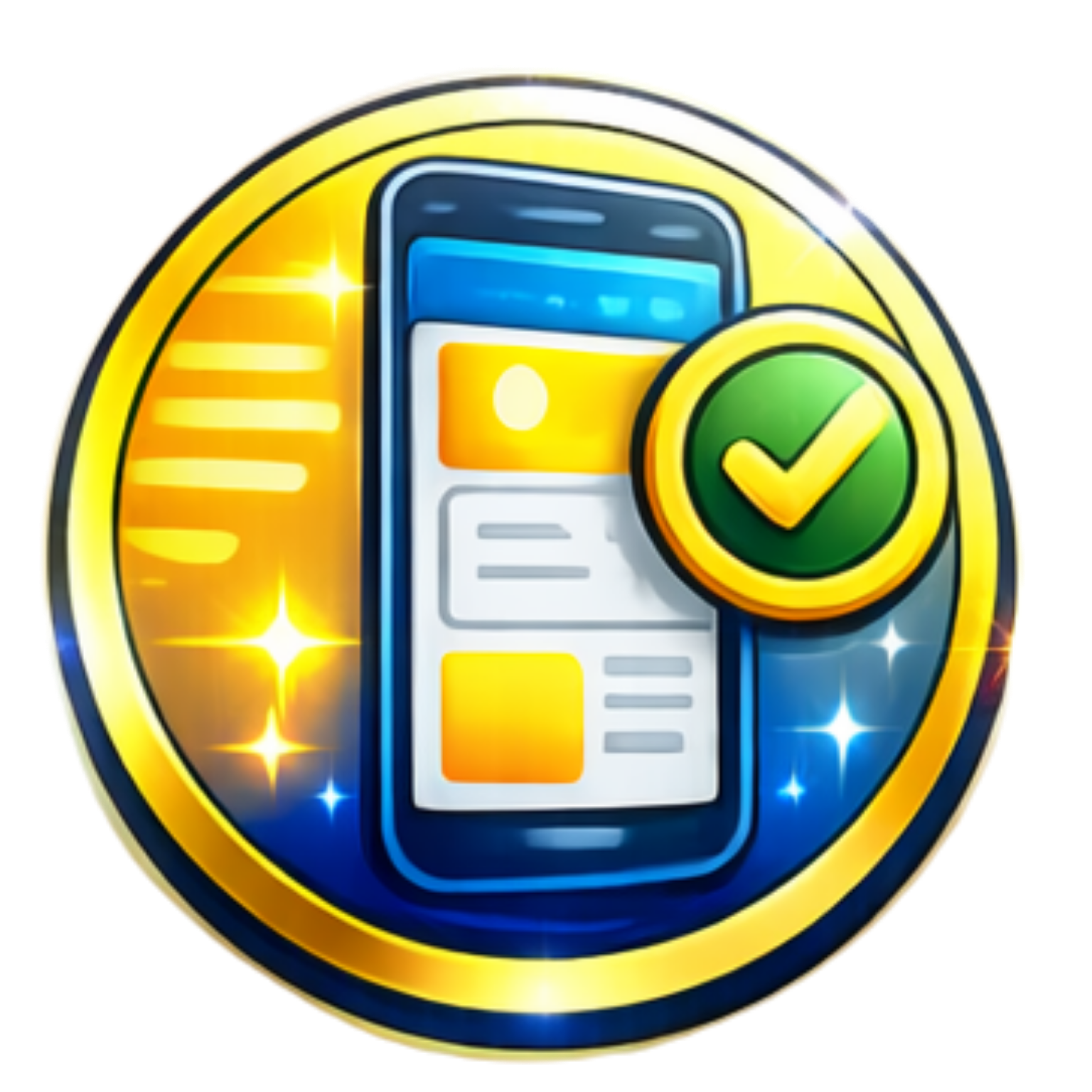 Shiny smartphone app icon with yellow and blue colors and a green check mark badge