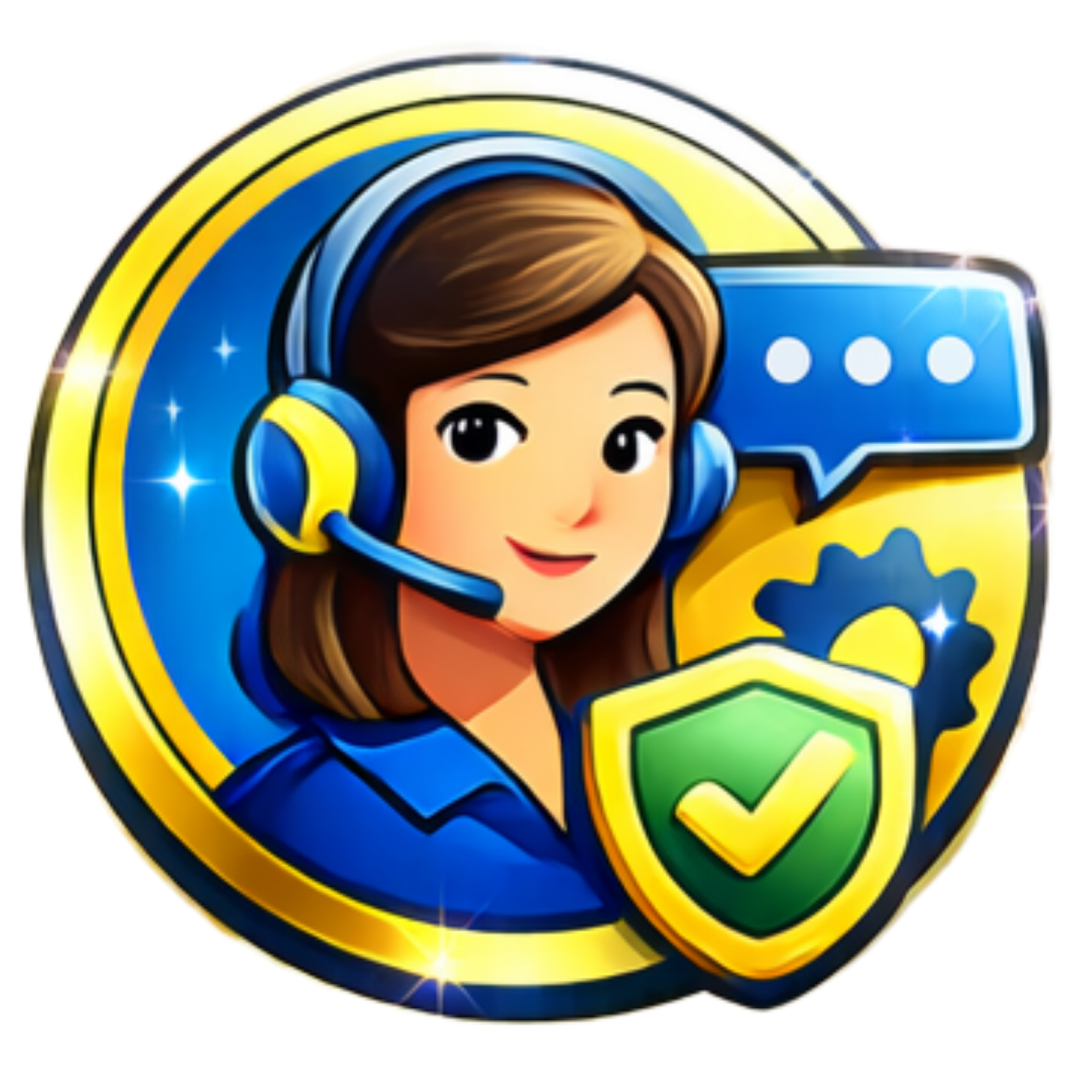 Customer support avatar with headset, chat bubble, and shield checkmark on a blue background