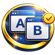 Blue and gold A/B app icons with a yellow checkmark badge