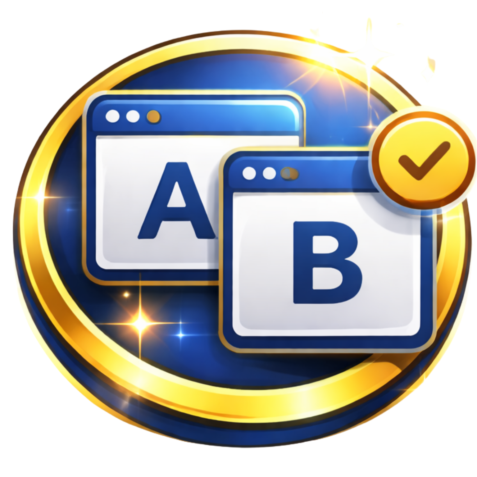 Blue and gold badge with overlapping A and B window icons and a yellow checkmark