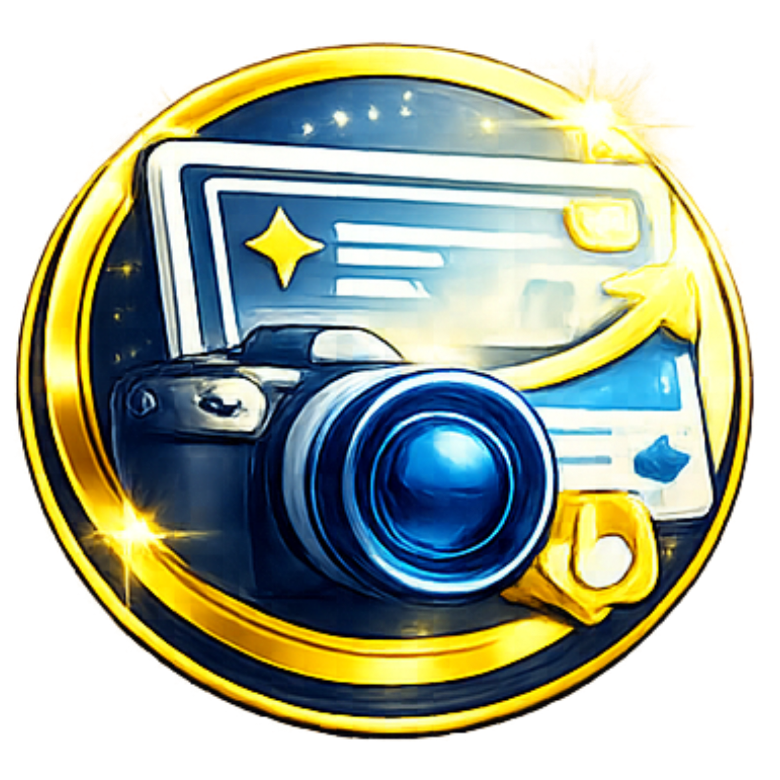 Gold badge icon with a camera in front of a glowing photo card and sparkles