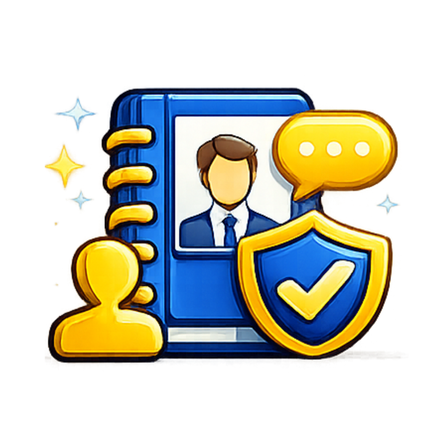 Blue user profile book with chat bubble and shield checkmark icon