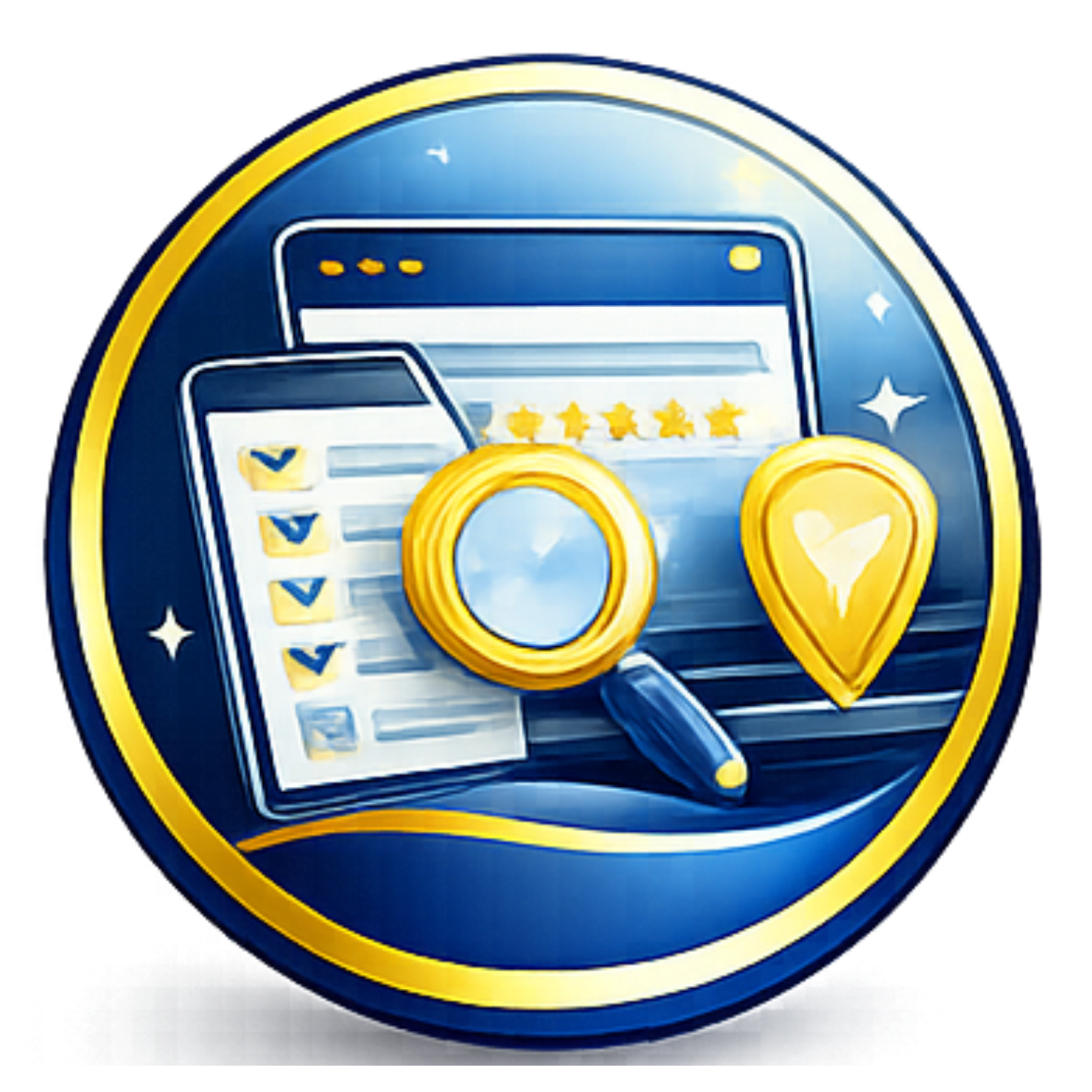 Blue icon of a website checklist with magnifying glass, gold stars, and map pin badge