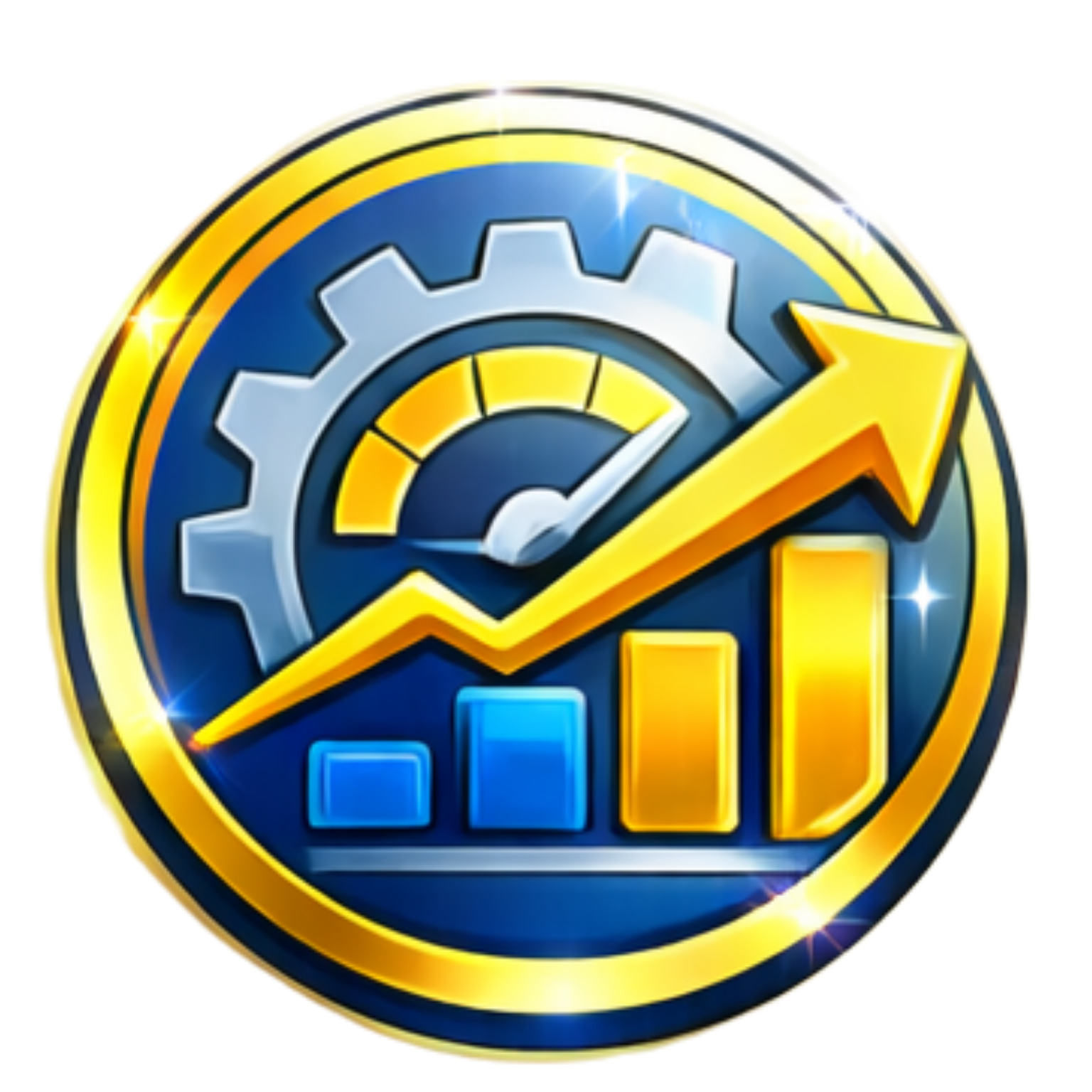 Blue-and-gold analytics icon with gear, rising bar chart, and upward arrow