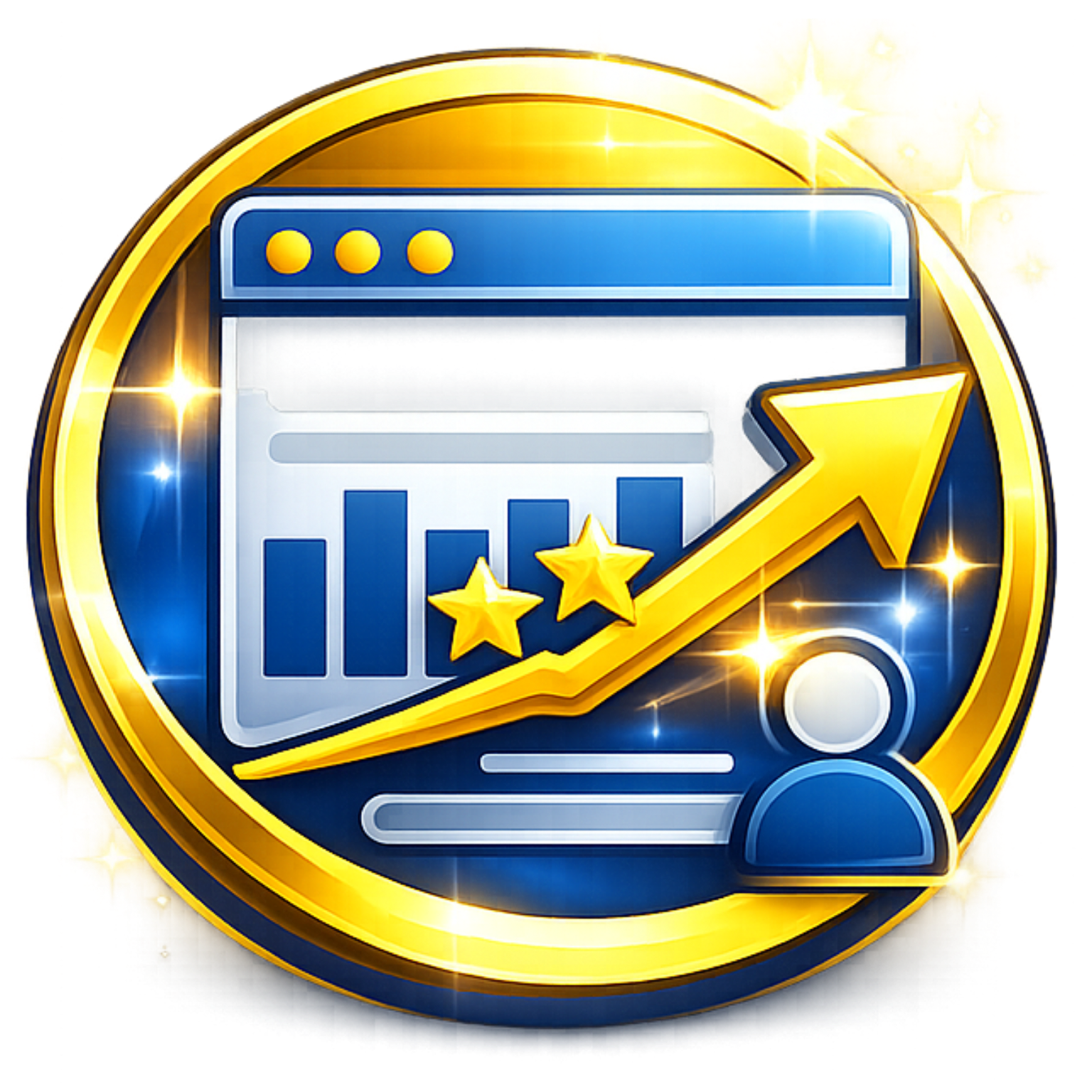 Gold analytics badge with a chart, upward arrow, and user icon on a blue background