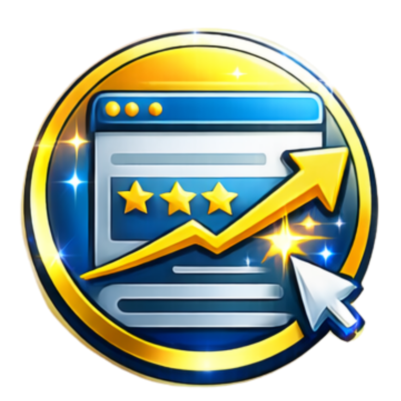 Blue browser window icon with gold stars and upward yellow arrow, suggesting growth or ranking