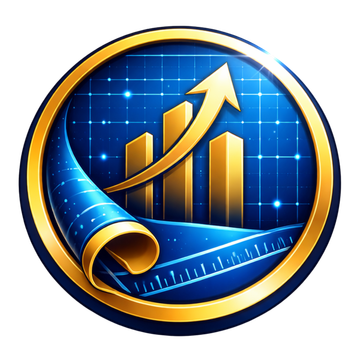Gold bar chart with upward arrow on a blue circular finance icon background
