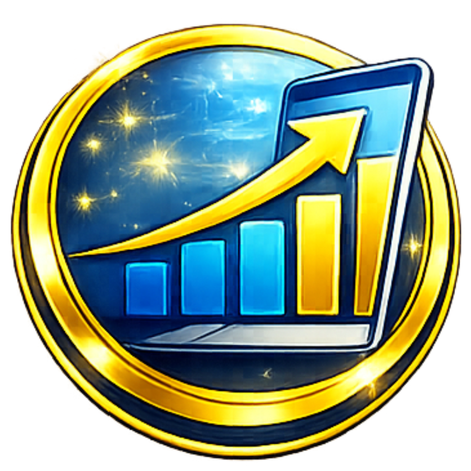 Gold coin icon with a rising blue bar chart and yellow upward arrow, symbolizing growth and success