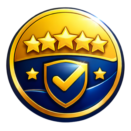 Gold and navy shield badge with five stars and a checkmark emblem