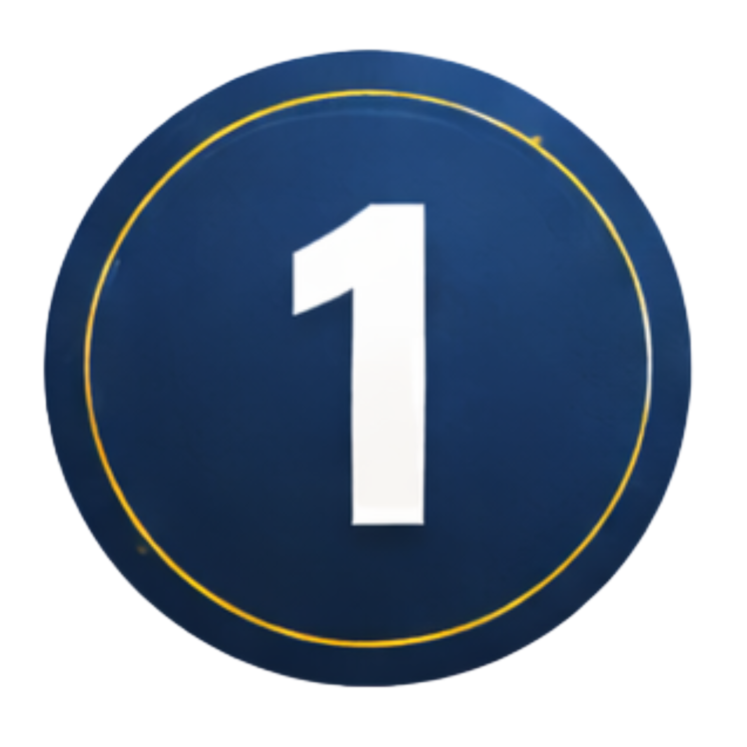 Blue circular badge with a white number 1 and gold ring border