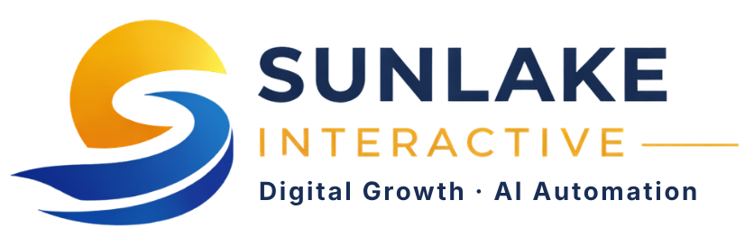 Sunlake Interactive logo with blue and yellow swoosh and tagline &ldquo;Digital Growth + AI Automation&rdquo;