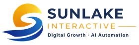 Sunlake Interactive logo with blue and yellow swoosh and tagline &ldquo;Digital Growth + AI Automation&rdquo;