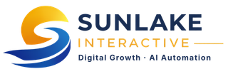 Sunlake Interactive logo with blue and yellow swoosh and tagline &ldquo;Digital Growth + AI Automation&rdquo;