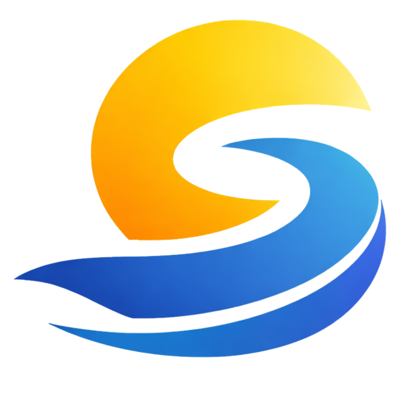 Abstract blue, orange, and yellow swoosh logo on a white background