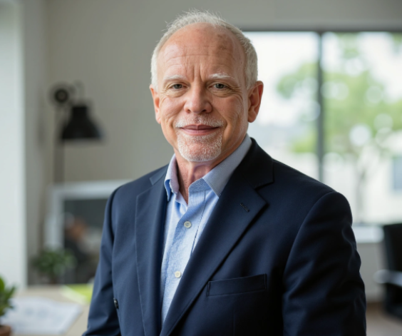 Man in a navy blazer and blue shirt smiles, posing in an office setting.