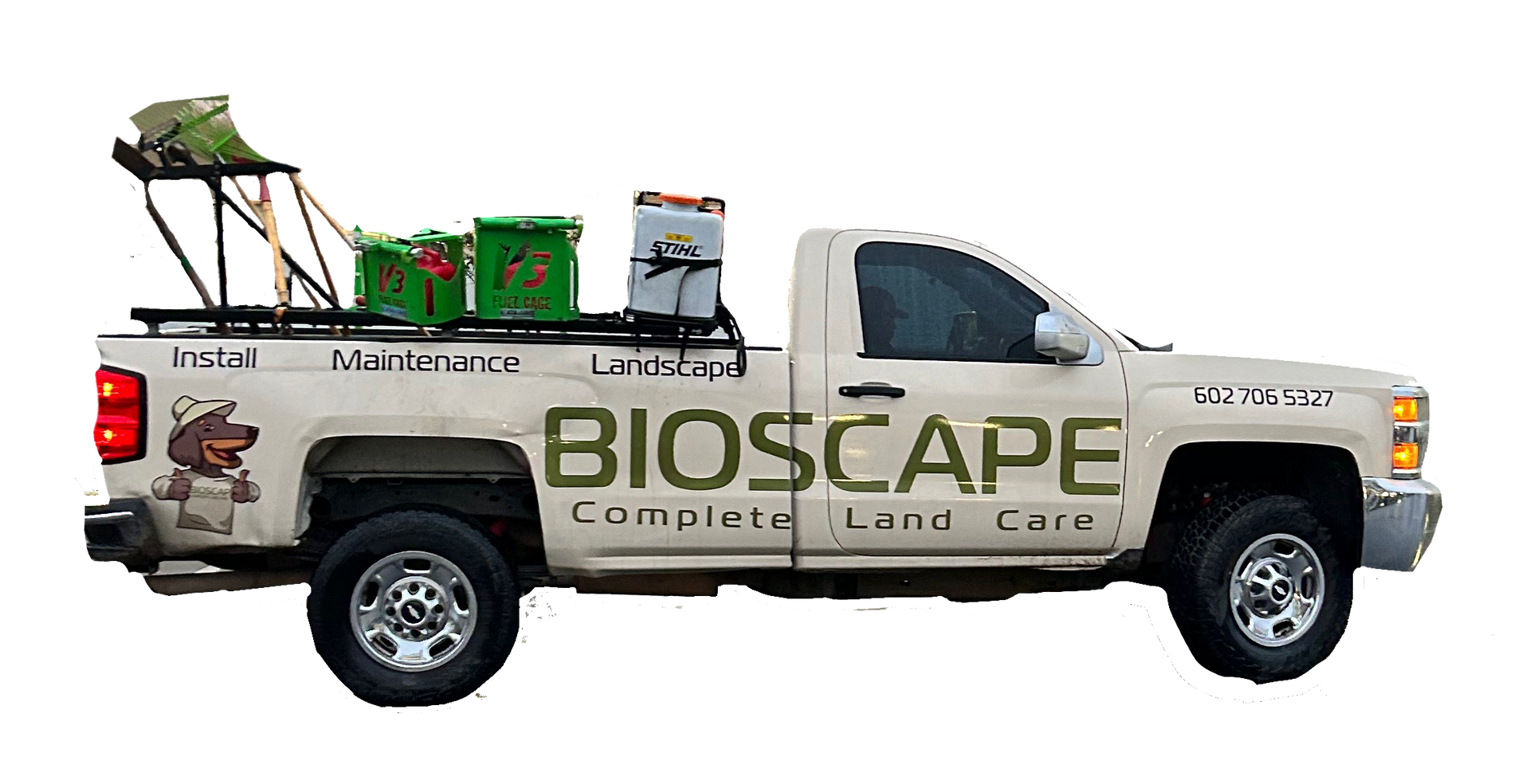 Beige Bioscape landscaping truck with tools and supplies.