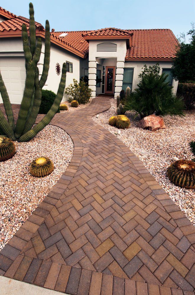 A brick walkway leading to a house with cactus in front of it.