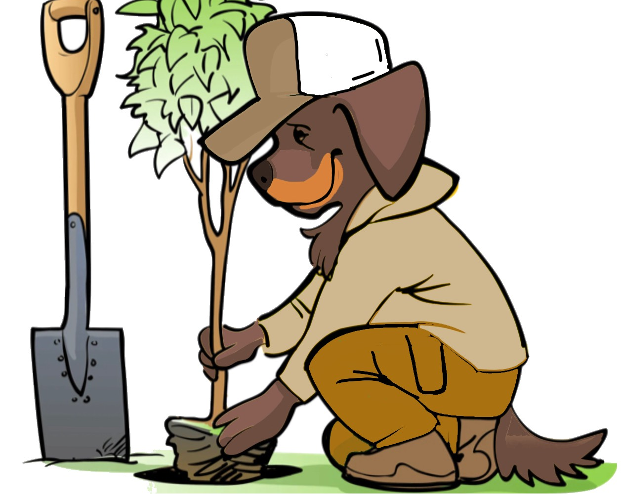 Cartoon dog in cap planting a tree with a shovel.