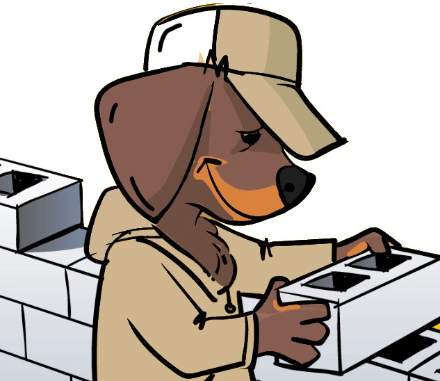A cartoon dachshund wearing a hat and jacket, laying a brick in a wall.