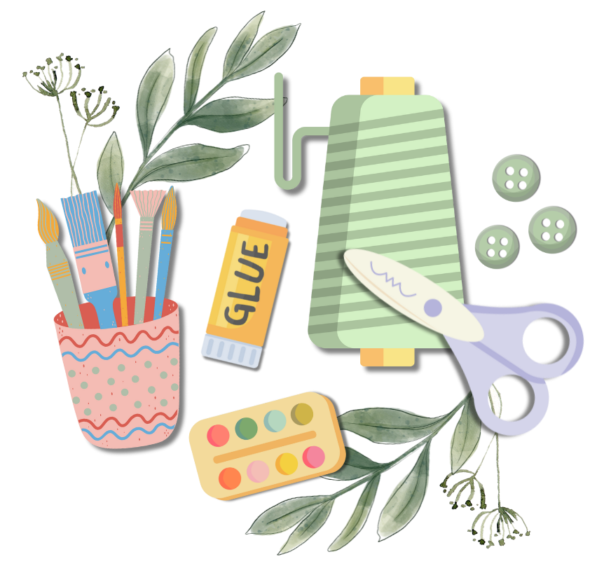 A drawing of a spool of thread , glue , scissors , paint , and buttons.
