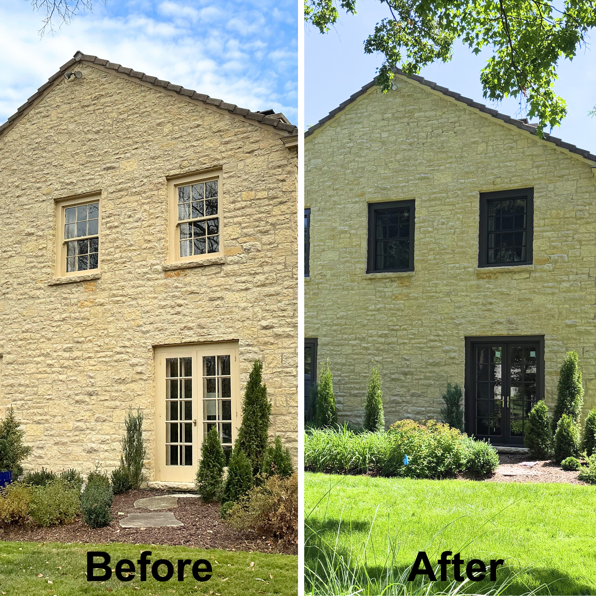 Side-by-side before-and-after of a stone house exterior, lighter on the left and darker on the right.