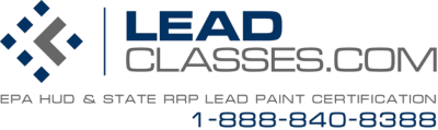 Logo for Lead Classes .com, EPA, HUD & State RRP Lead Paint Certification, phone number 1-888-840-8388