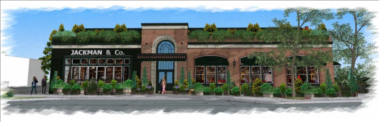 Exterior rendering of Berman & Co. building with green roof, red brick facade, and arched entrance.